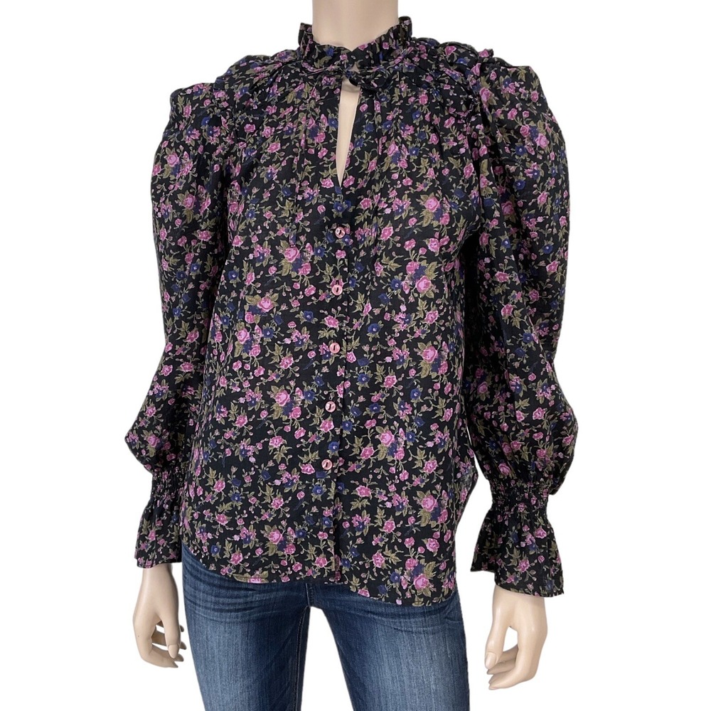 Free People Shirt Women XS Black Pink Floral Long Sleeve Button Down Top Y2K